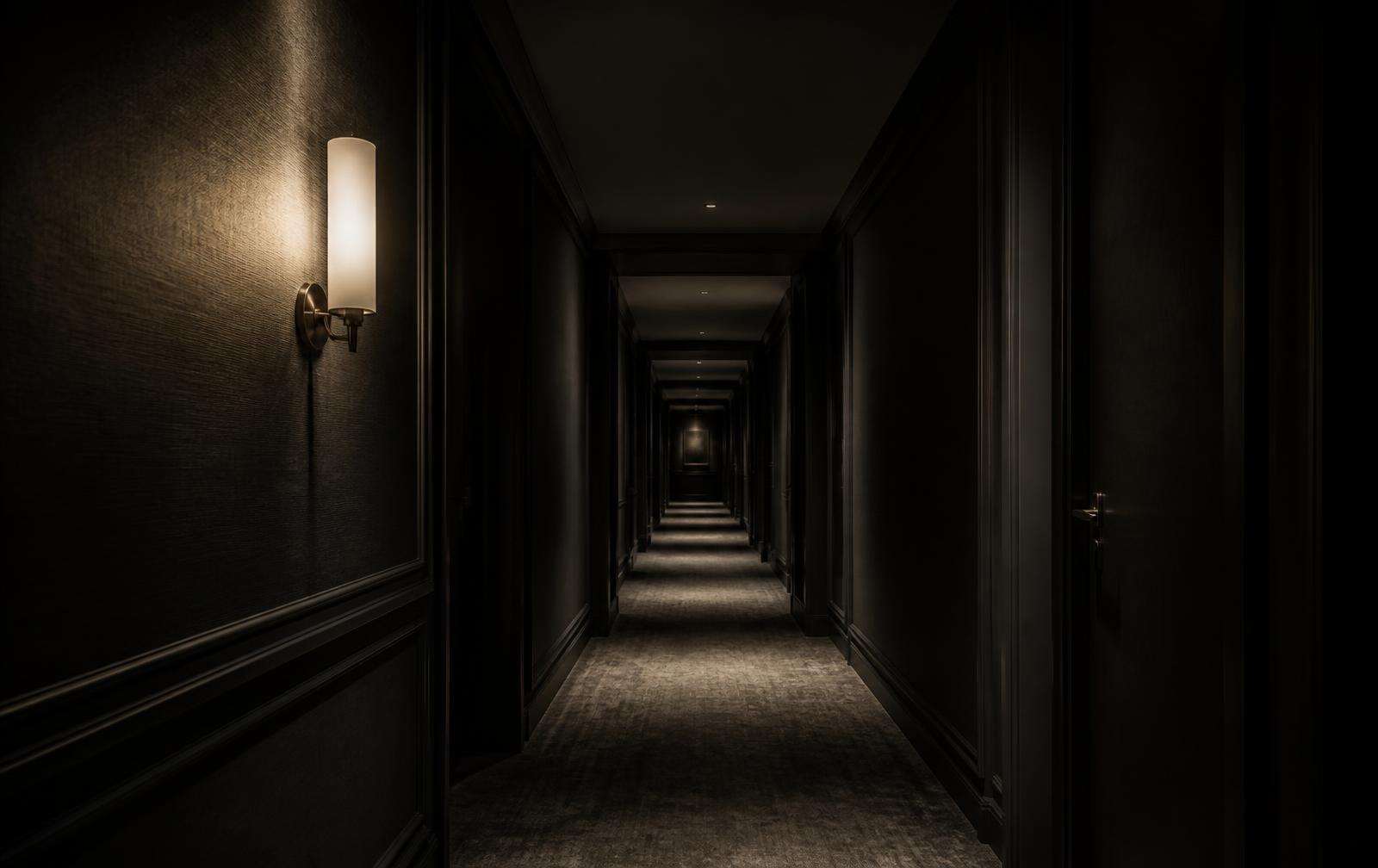 An empty corridor at night, lit by a single sconce