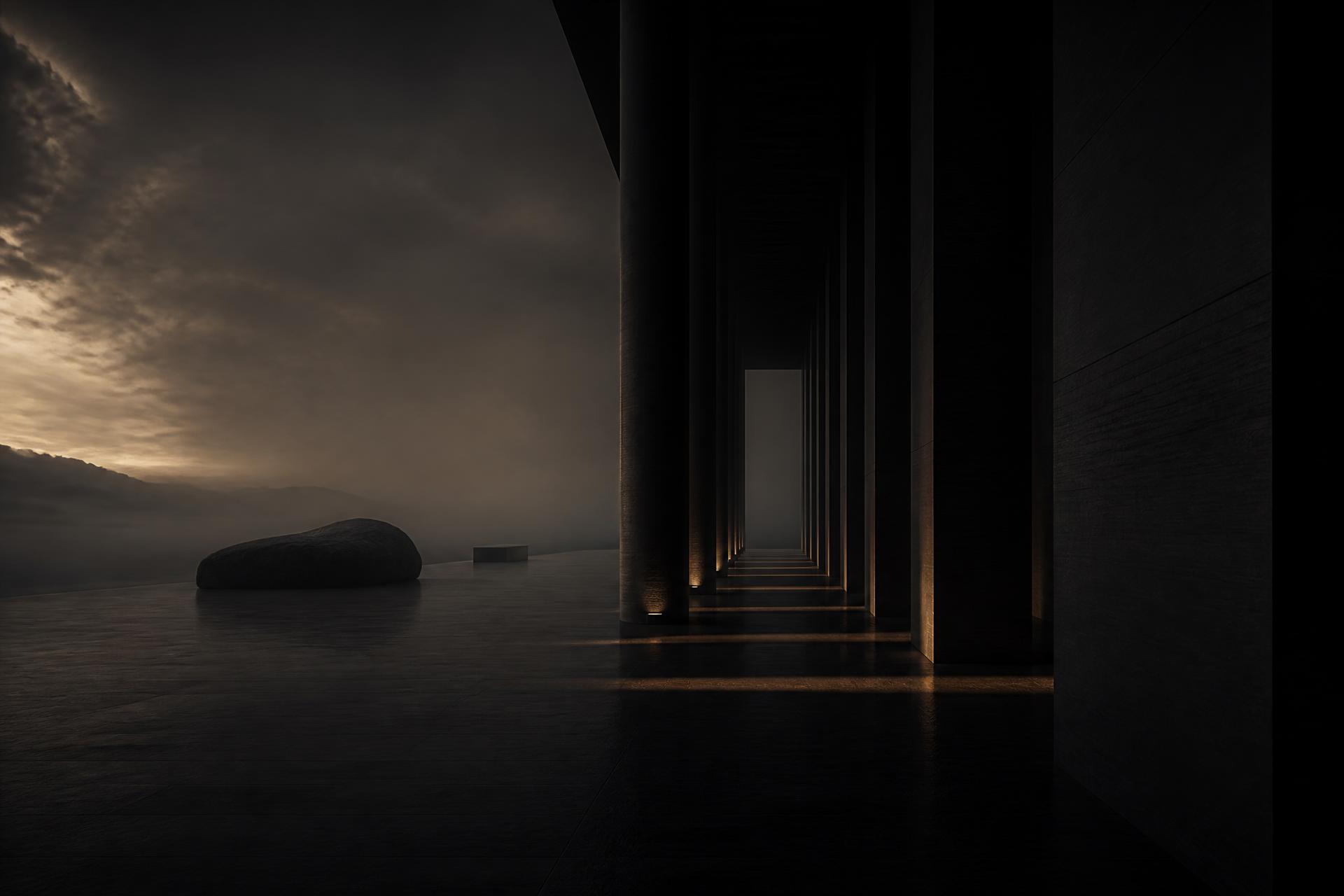 A colonnade at dusk, shrouded in low light